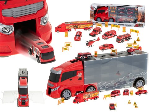 Transporter ciężarówka TIR wyrzutnia w walizce + 7 aut 13 luków straż pożarna 57cm XXL Transporter ciężarówka TIR wyrzutnia w walizce + 7 aut 13 luków straż pożarna 57cm XXL
