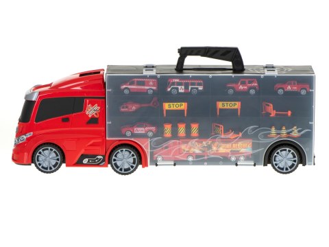 Transporter ciężarówka TIR wyrzutnia w walizce + 7 aut 13 luków straż pożarna 57cm XXL Transporter ciężarówka TIR wyrzutnia w walizce + 7 aut 13 luków straż pożarna 57cm XXL