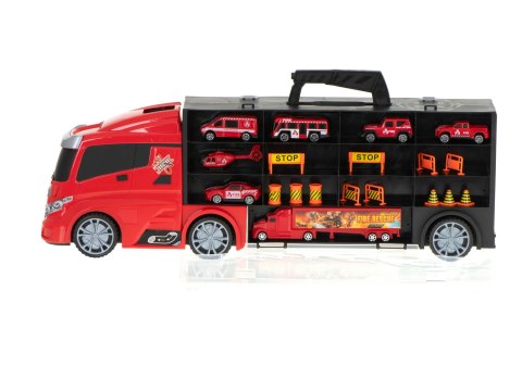 Transporter ciężarówka TIR wyrzutnia w walizce + 7 aut 13 luków straż pożarna 57cm XXL Transporter ciężarówka TIR wyrzutnia w walizce + 7 aut 13 luków straż pożarna 57cm XXL
