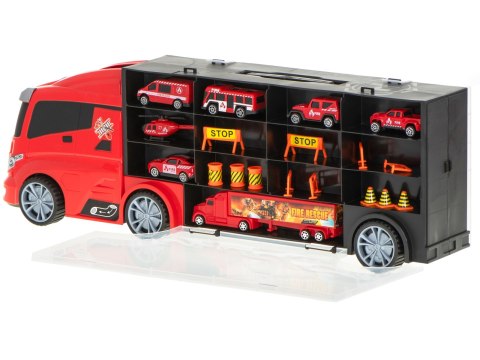 Transporter ciężarówka TIR wyrzutnia w walizce + 7 aut 13 luków straż pożarna 57cm XXL Transporter ciężarówka TIR wyrzutnia w walizce + 7 aut 13 luków straż pożarna 57cm XXL