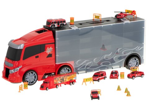 Transporter ciężarówka TIR wyrzutnia w walizce + 7 aut 13 luków straż pożarna 57cm XXL Transporter ciężarówka TIR wyrzutnia w walizce + 7 aut 13 luków straż pożarna 57cm XXL