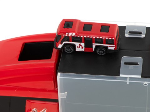 Transporter ciężarówka TIR wyrzutnia w walizce + 7 aut 13 luków straż pożarna 57cm XXL Transporter ciężarówka TIR wyrzutnia w walizce + 7 aut 13 luków straż pożarna 57cm XXL