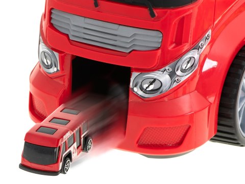 Transporter ciężarówka TIR wyrzutnia w walizce + 7 aut 13 luków straż pożarna 57cm XXL Transporter ciężarówka TIR wyrzutnia w walizce + 7 aut 13 luków straż pożarna 57cm XXL