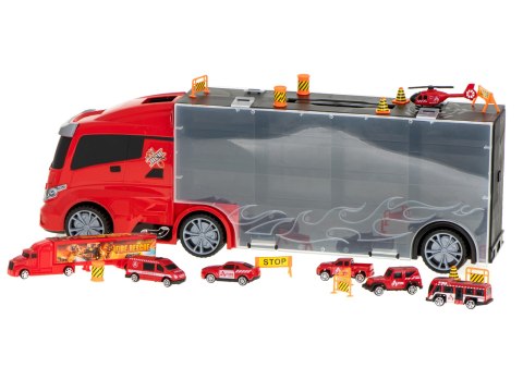 Transporter ciężarówka TIR wyrzutnia w walizce + 7 aut 13 luków straż pożarna 57cm XXL Transporter ciężarówka TIR wyrzutnia w walizce + 7 aut 13 luków straż pożarna 57cm XXL