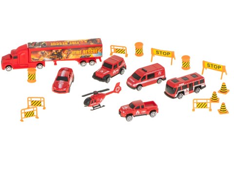 Transporter ciężarówka TIR wyrzutnia w walizce + 7 aut 13 luków straż pożarna 57cm XXL Transporter ciężarówka TIR wyrzutnia w walizce + 7 aut 13 luków straż pożarna 57cm XXL