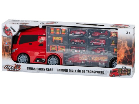 Transporter ciężarówka TIR wyrzutnia w walizce + 7 aut 13 luków straż pożarna 57cm XXL Transporter ciężarówka TIR wyrzutnia w walizce + 7 aut 13 luków straż pożarna 57cm XXL