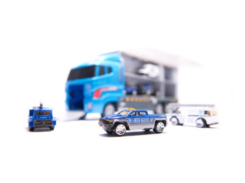 Transporter ciężarówka TIR wyrzutnia + metalowe auta policja Transporter ciężarówka TIR wyrzutnia + metalowe auta policja