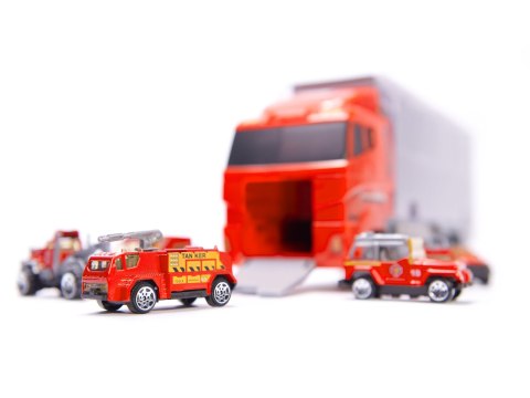 Transporter ciężarówka TIR wyrzutnia + metalowe auta straż pożarna Transporter ciężarówka TIR wyrzutnia + metalowe auta straż pożarna